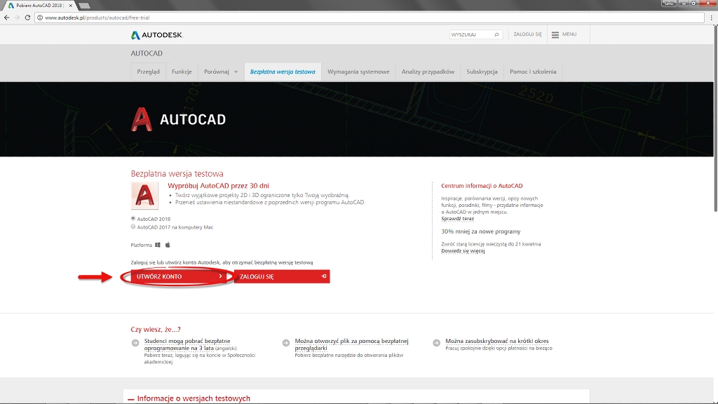 Jak pobrać AutoCAD - Bezpłatna wersja testowa. Źródło: www.autodesk.pl